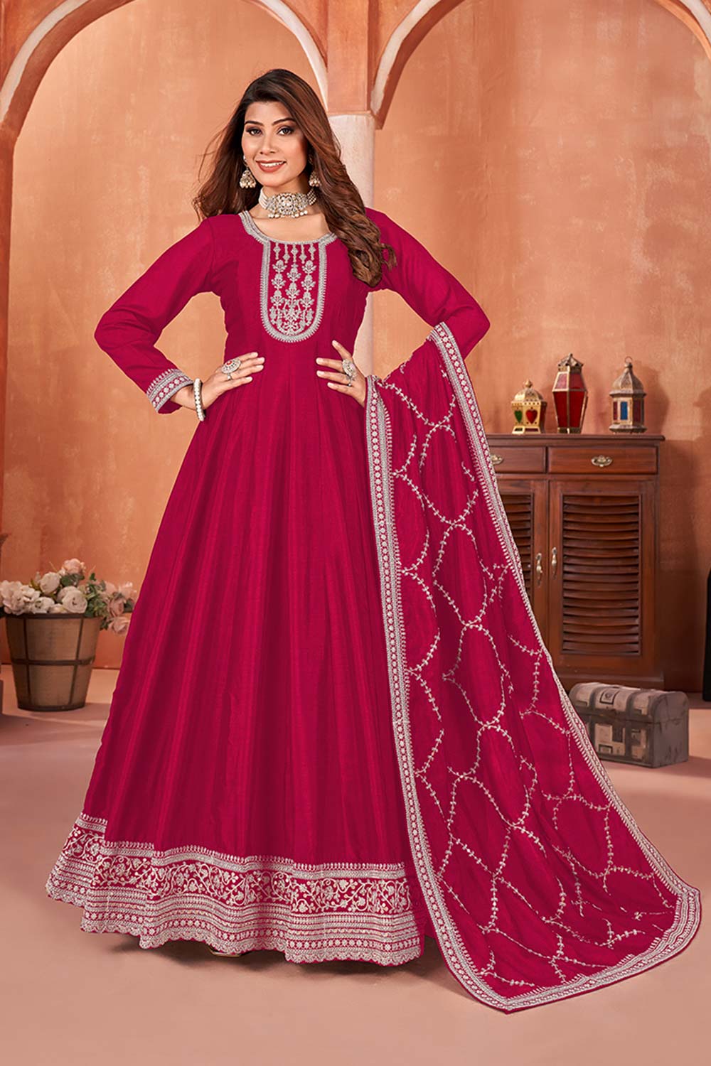 Dark-Pink Art Silk Embroidered U Neck Salwar Suit Set