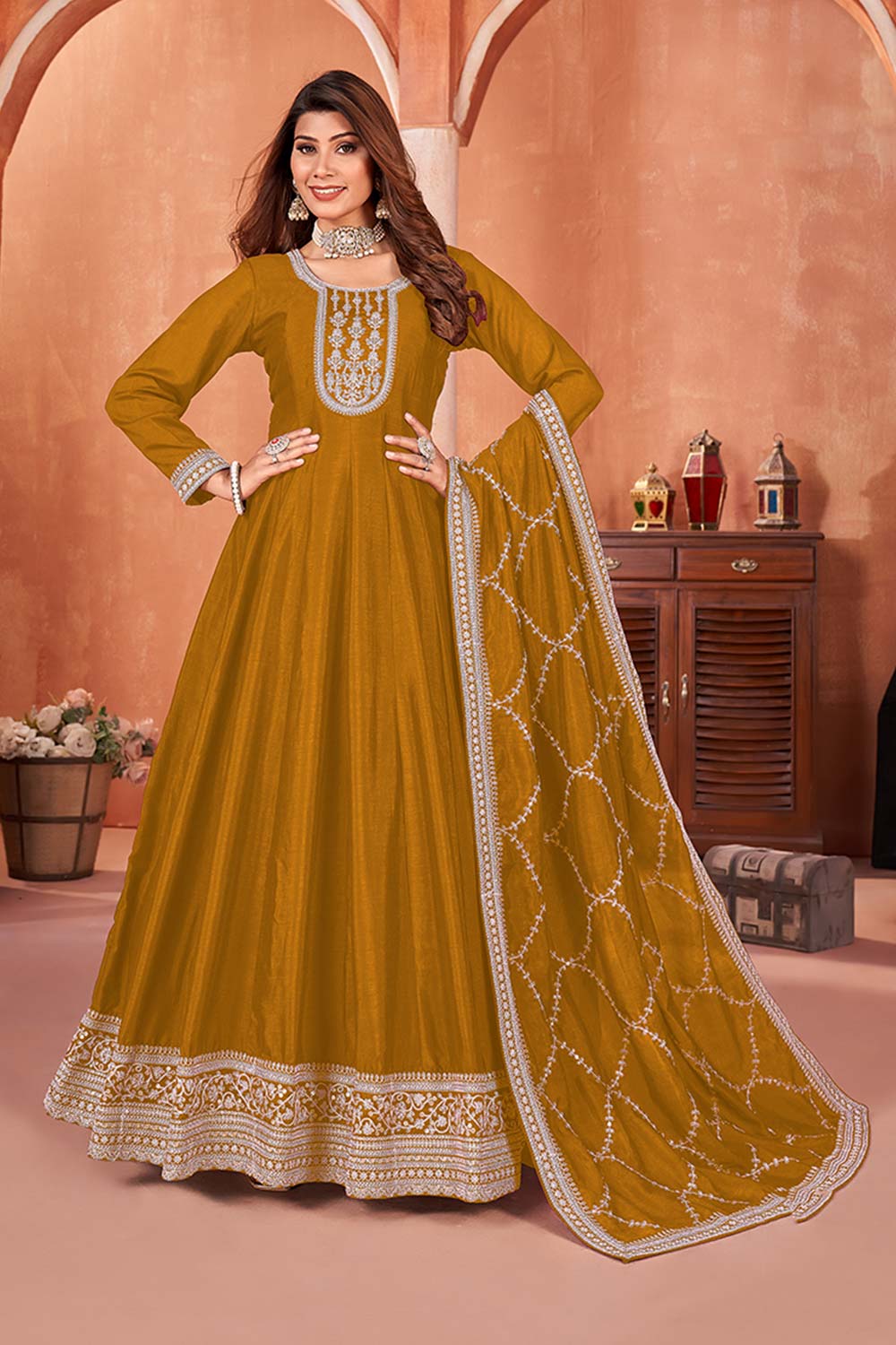 Dark-Mustard Art Silk Embroidered U Neck Salwar Suit Set