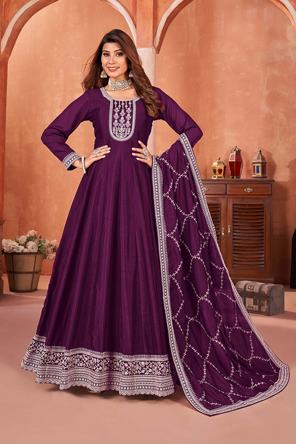 Dark-Purple Art Silk Embroidered U Neck Salwar Suit Set