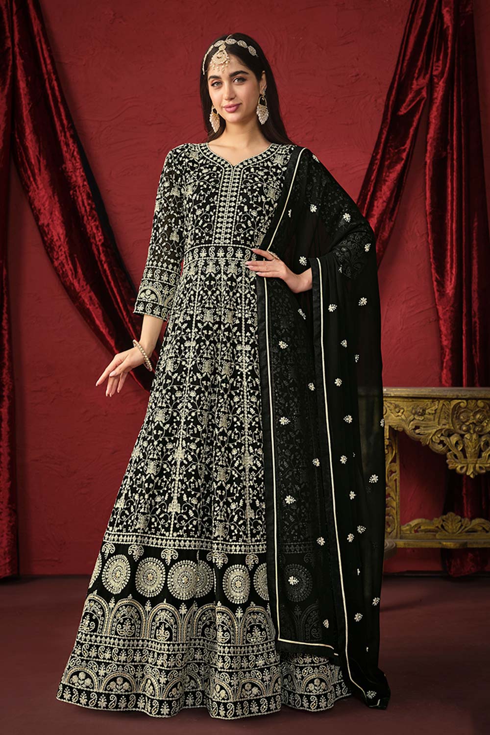 Black Georgette Embroidered V Neck Salwar Kameez