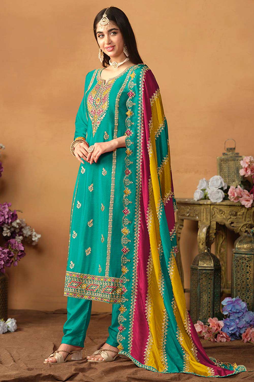 Turquoise Chiffon Embroidered V Neck Salwar Kameez