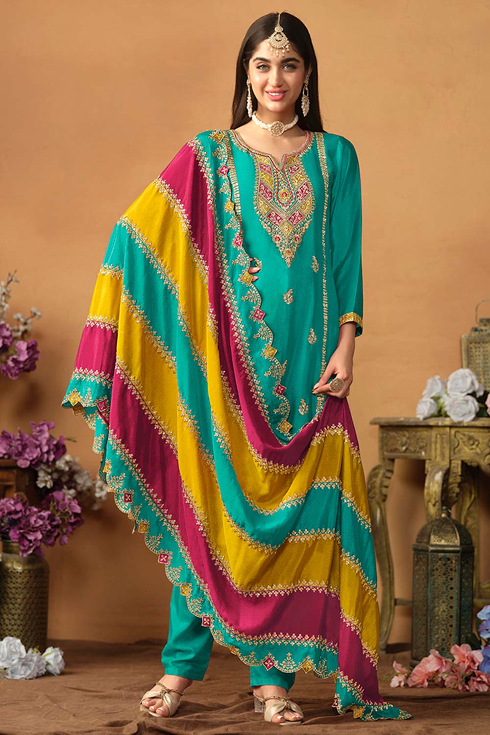 Turquoise Chiffon Embroidered V Neck Salwar Kameez