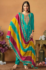 Turquoise Chiffon Embroidered V Neck Salwar Kameez