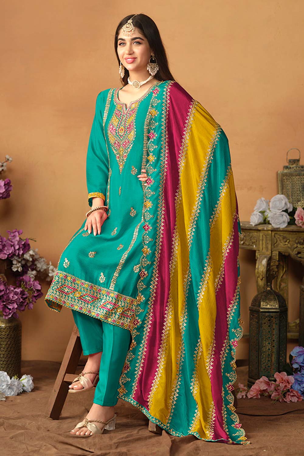 Turquoise Chiffon Embroidered V Neck Salwar Kameez