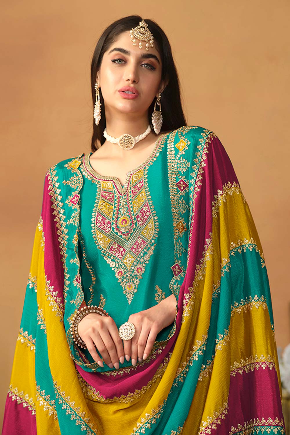 Turquoise Chiffon Embroidered V Neck Salwar Kameez