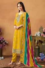 Mustard Chiffon Embroidered V Neck Salwar Kameez