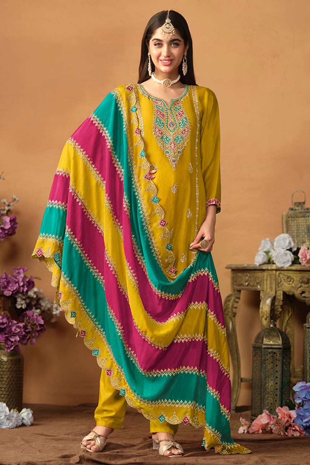 Mustard Chiffon Embroidered V Neck Salwar Kameez