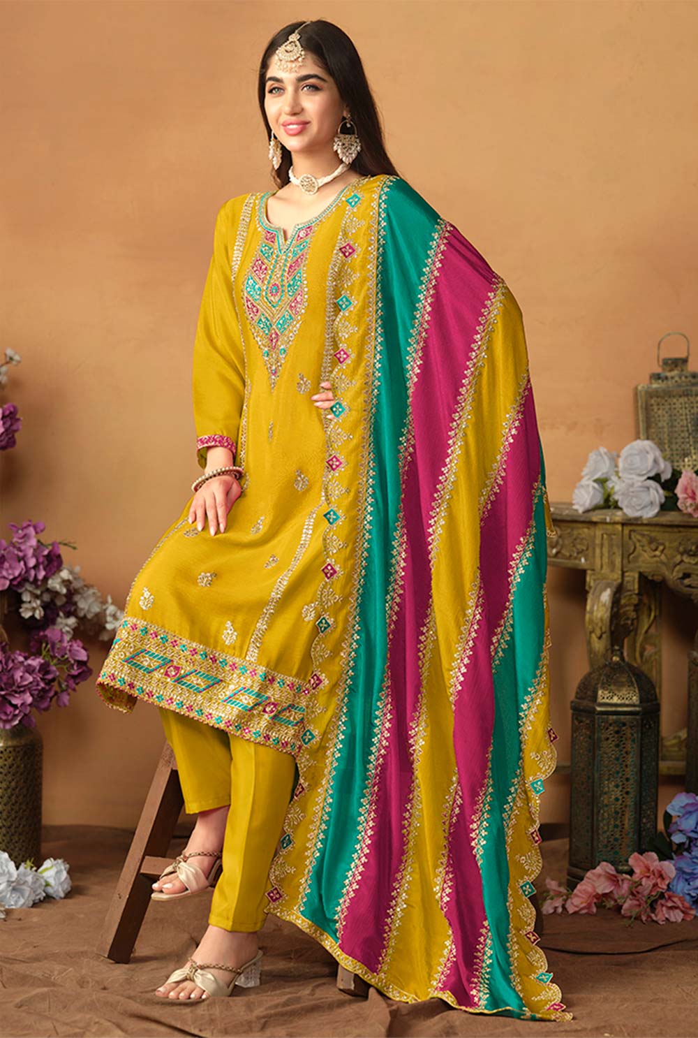 Mustard Chiffon Embroidered V Neck Salwar Kameez