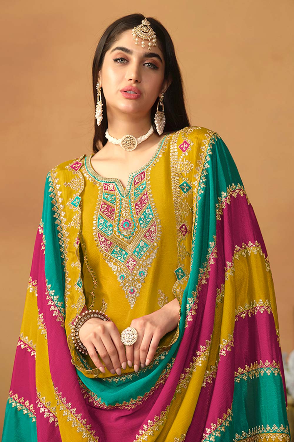 Mustard Chiffon Embroidered V Neck Salwar Kameez