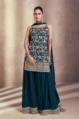 Dark teal embroidered sharara for women