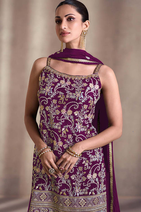 Wine embroidered sharara for women