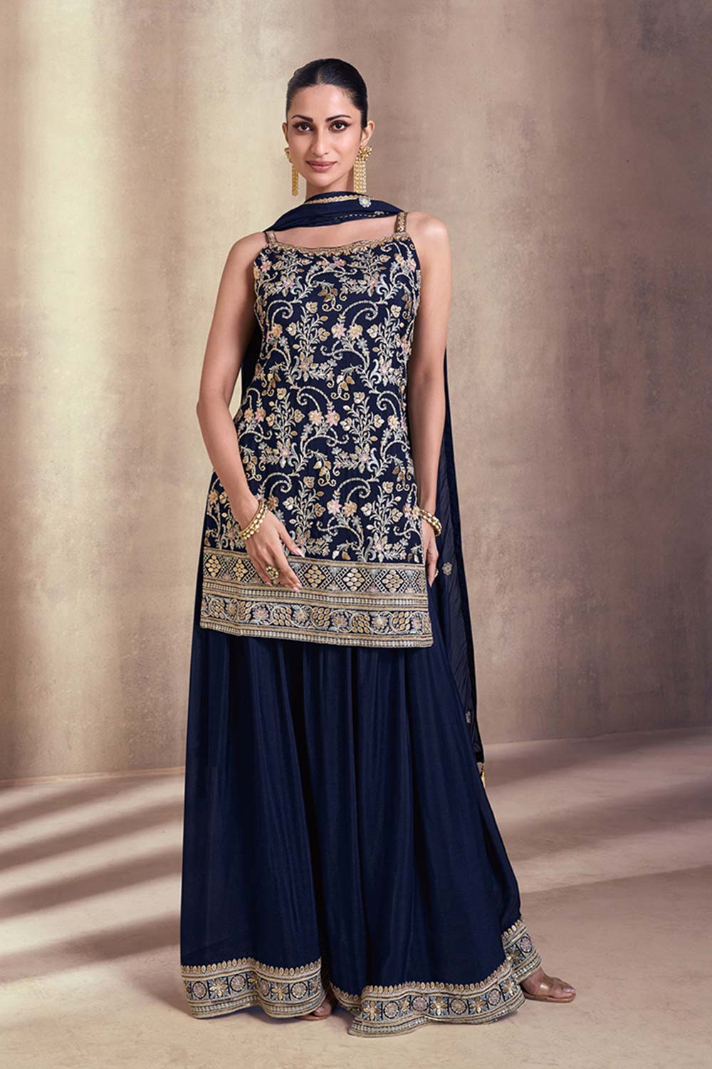 Navy blue embroidered sharara for women