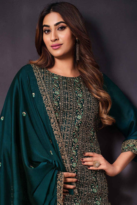Dark teal rangoli silk embroidered salwar suit for women