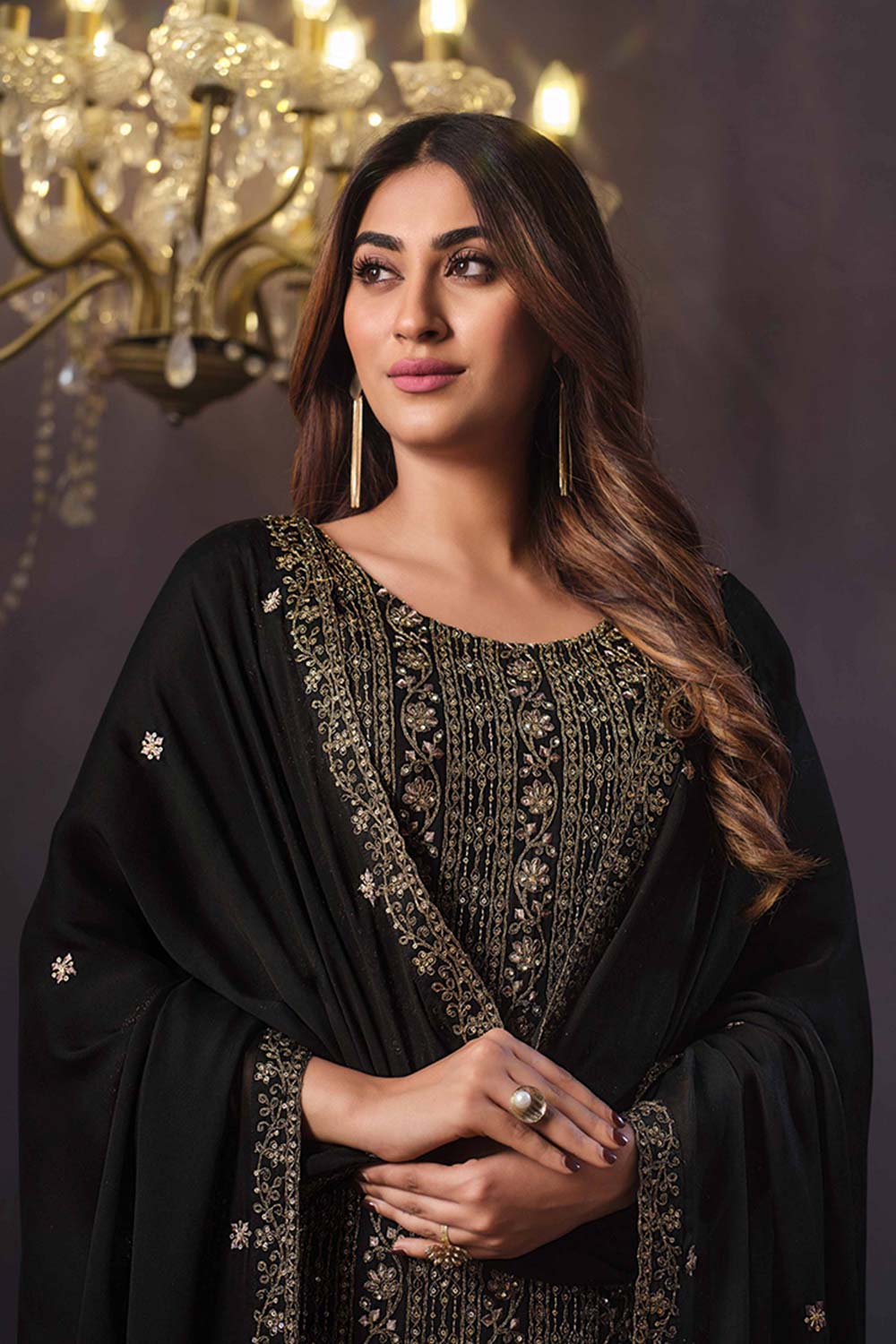 Black rangoli silk embroidered salwar suit for women