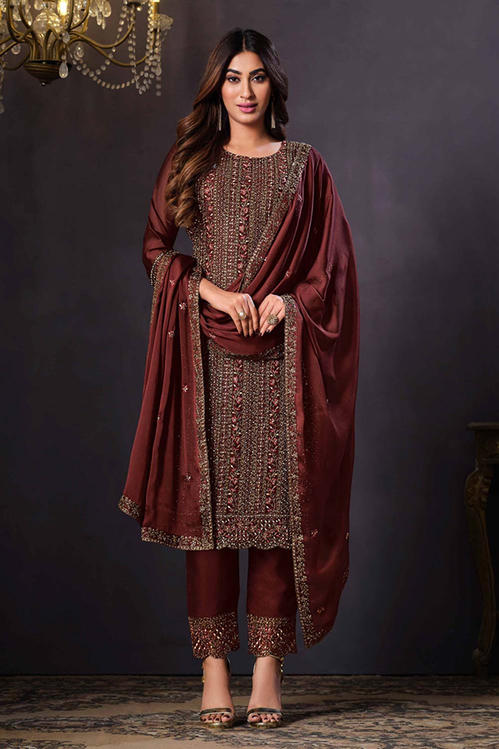 Chocolate rangoli silk embroidered salwar suit for women
