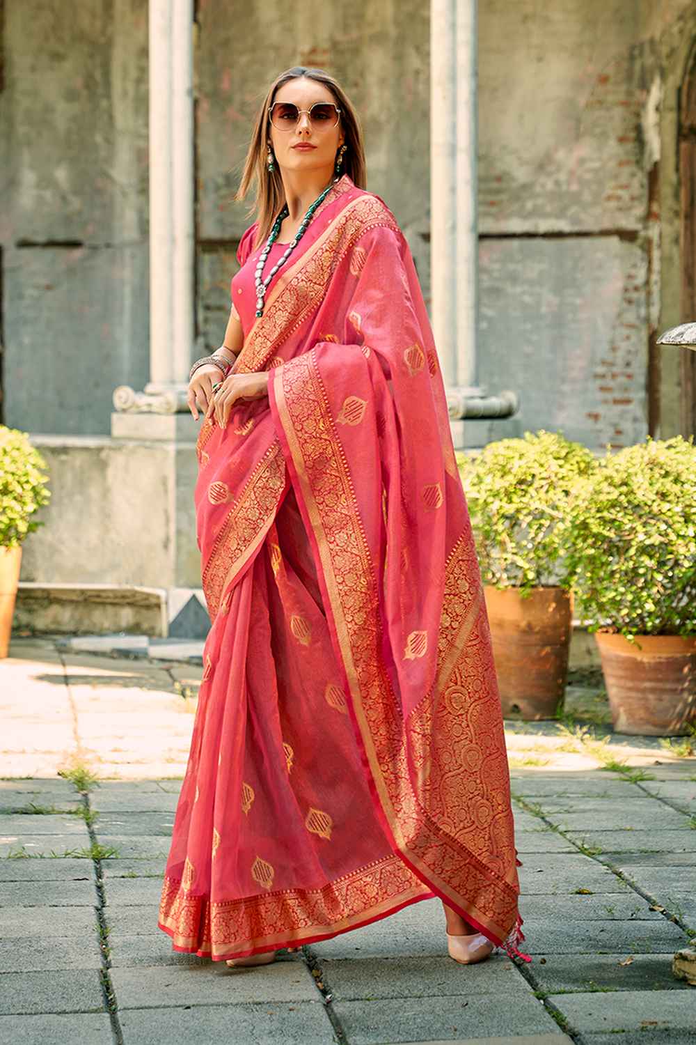 Pink Tissue Woven Saree