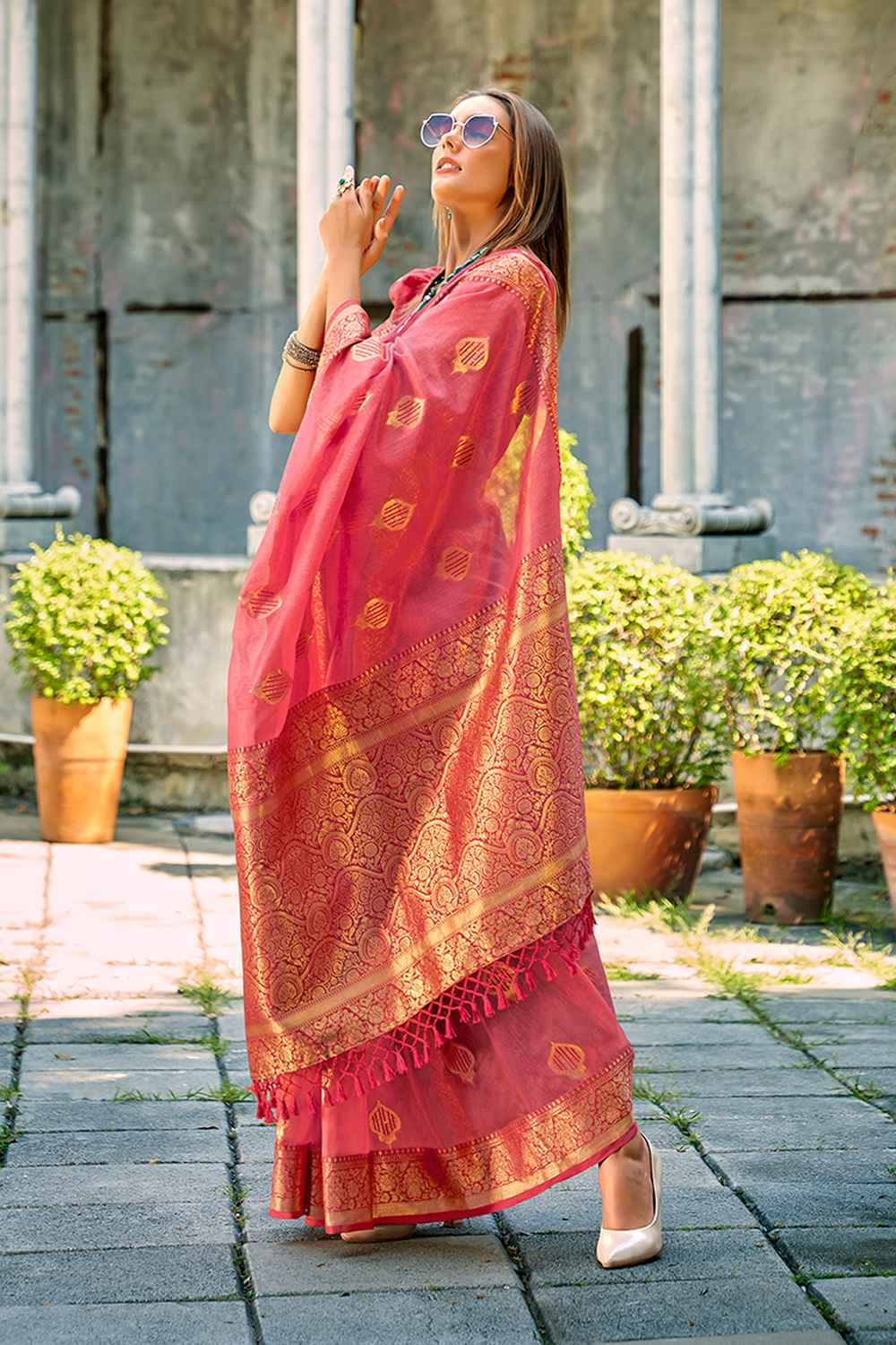 Pink Tissue Woven Saree