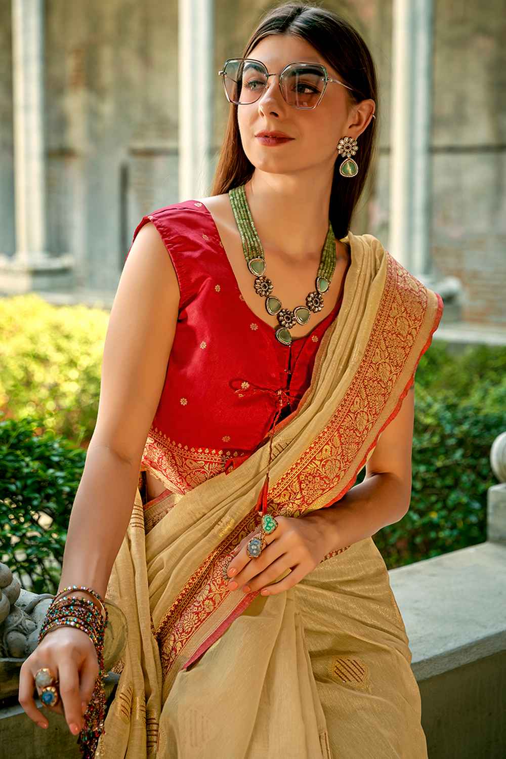 Beige Tissue Woven Saree