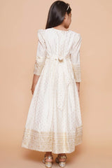 Off White Polyester Printed Flared Round Neck Dresses