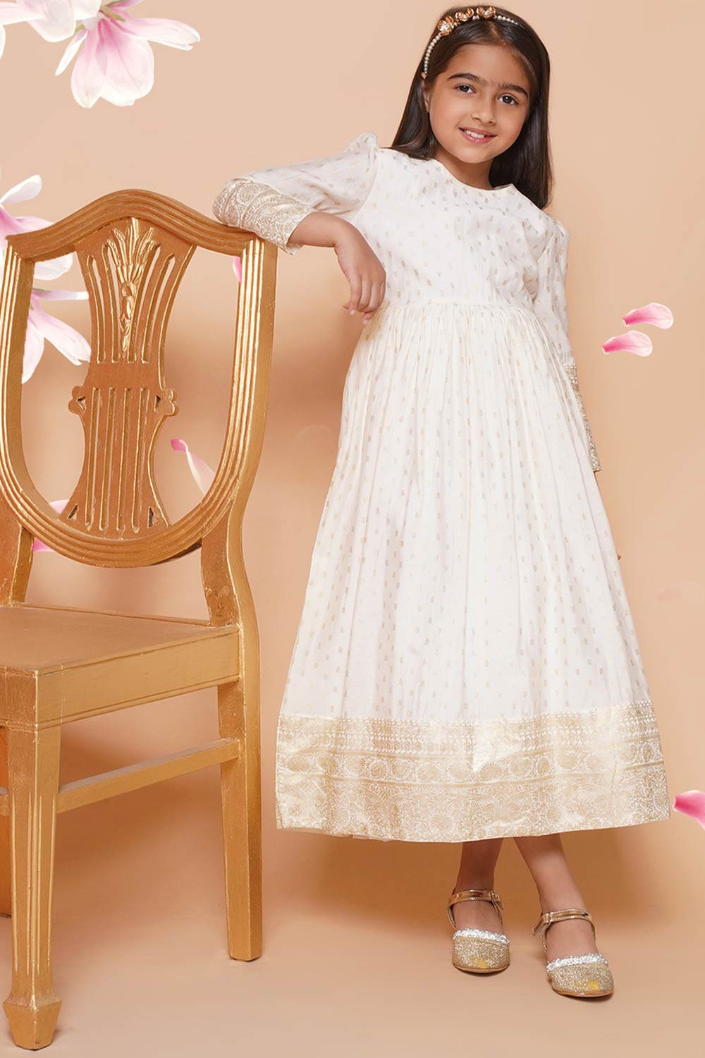 Off White Polyester Printed Flared Round Neck Dresses