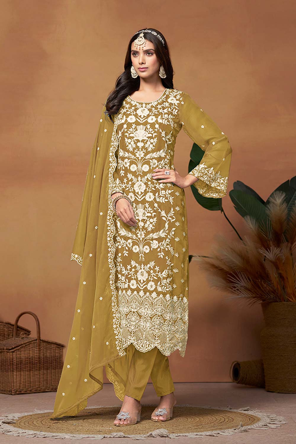 Olive Organza Embroidered U Neck Ethnic Suit Set