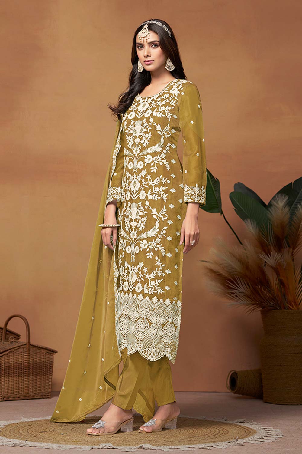 Olive Organza Embroidered U Neck Ethnic Suit Set