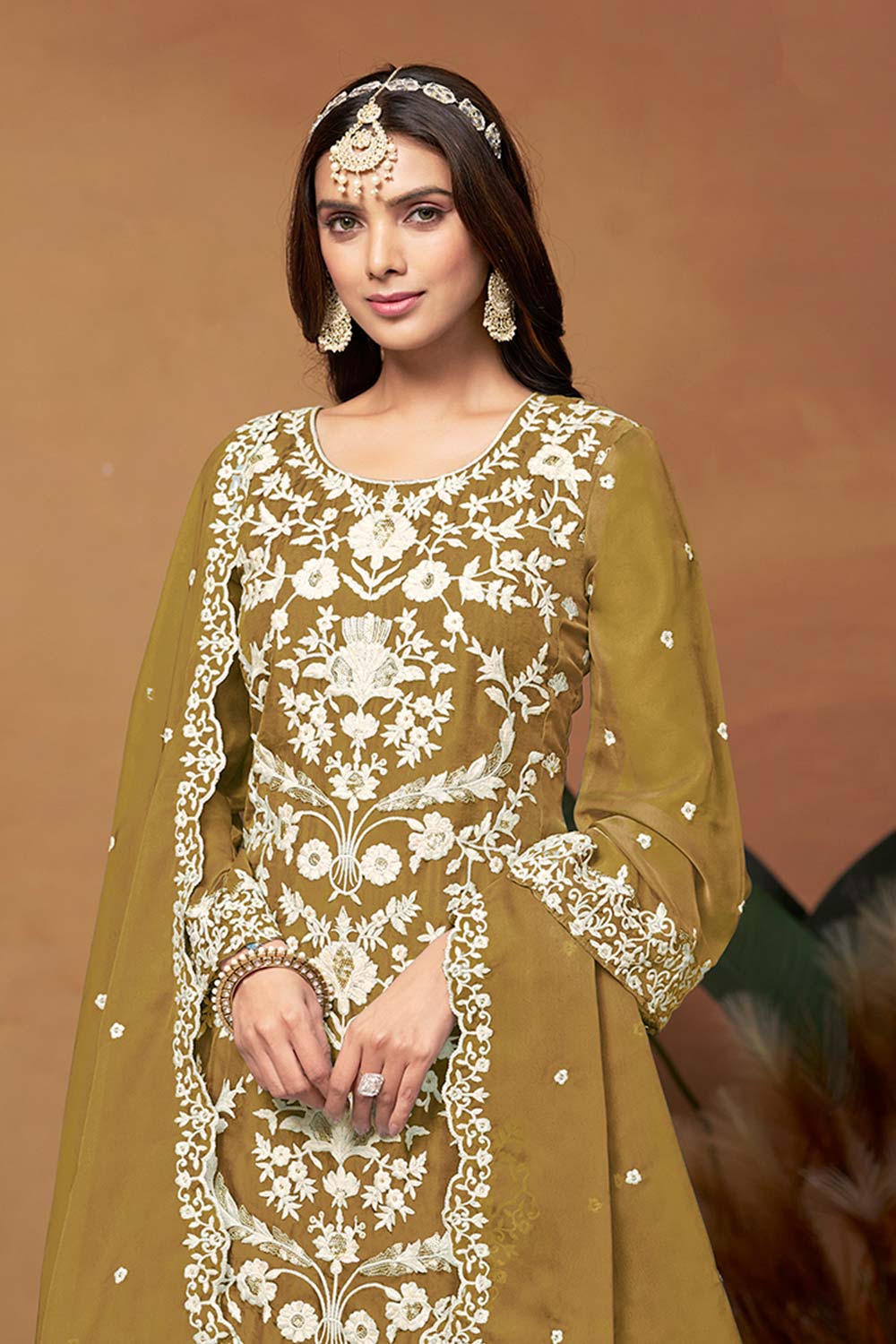 Olive Organza Embroidered U Neck Ethnic Suit Set