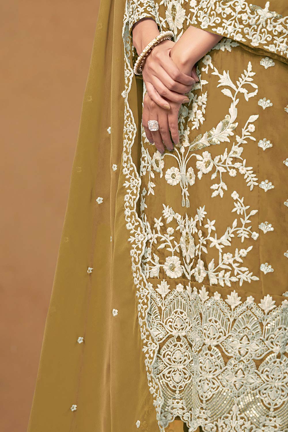 Olive Organza Embroidered U Neck Ethnic Suit Set