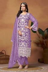 Lavender Organza Embroidered U Neck Ethnic Suit Set