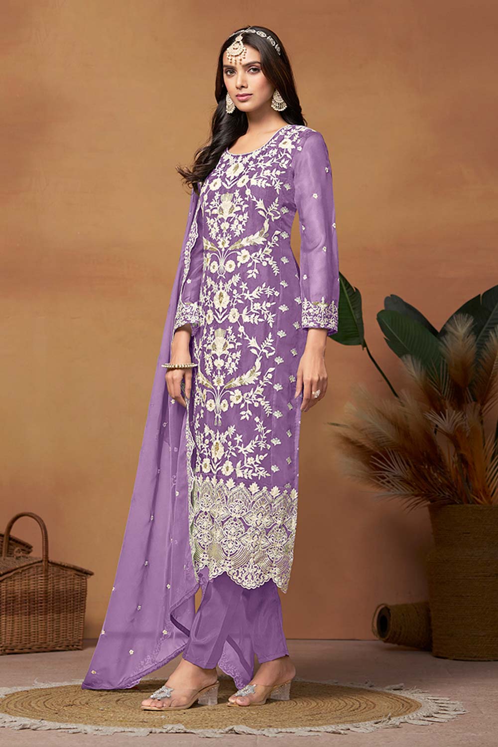 Lavender Organza Embroidered U Neck Ethnic Suit Set