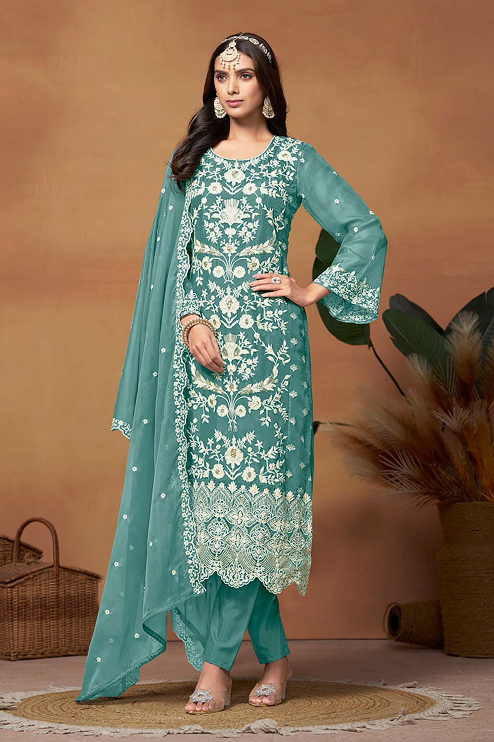 Light-Teal Organza Embroidered U Neck Ethnic Suit Set