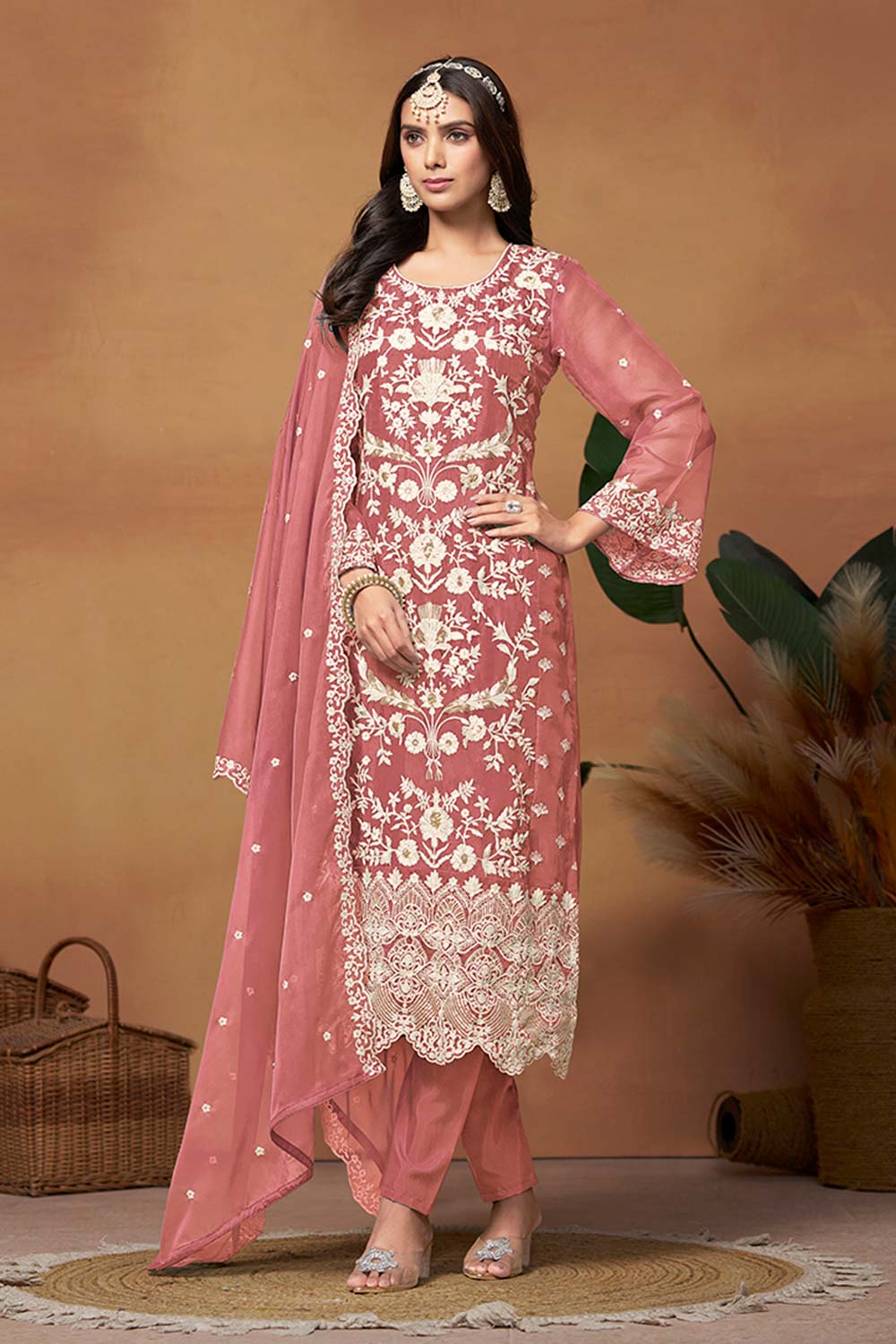 Dark-Mauve Organza Embroidered U Neck Ethnic Suit Set