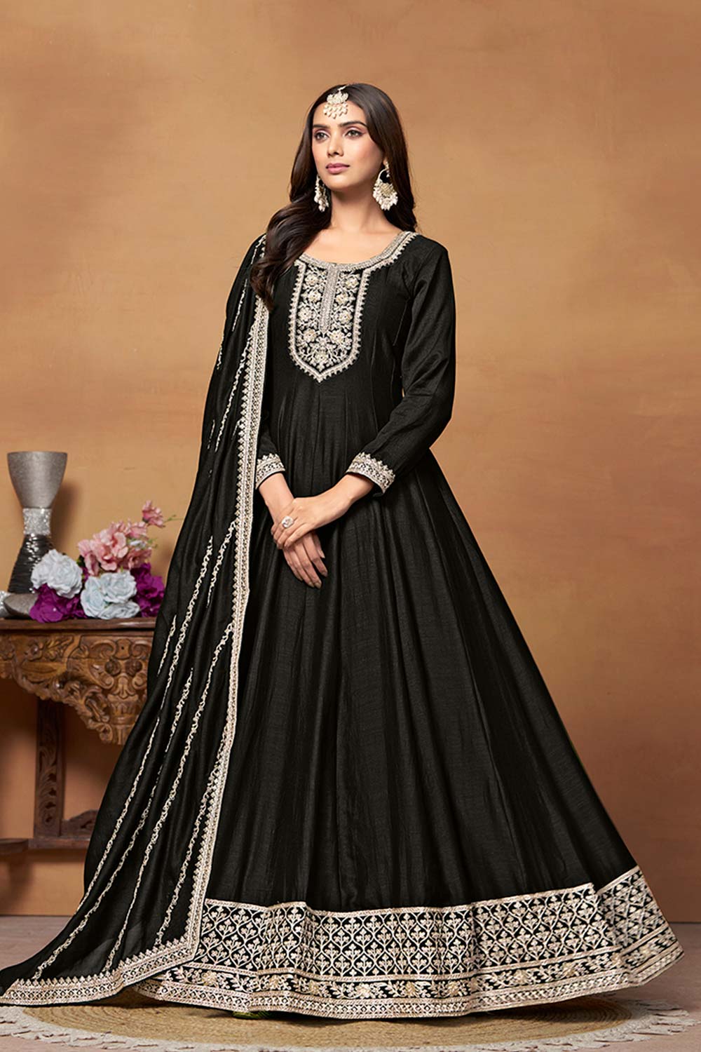 Black Art Silk Embroidered U Neck Ethnic Suit