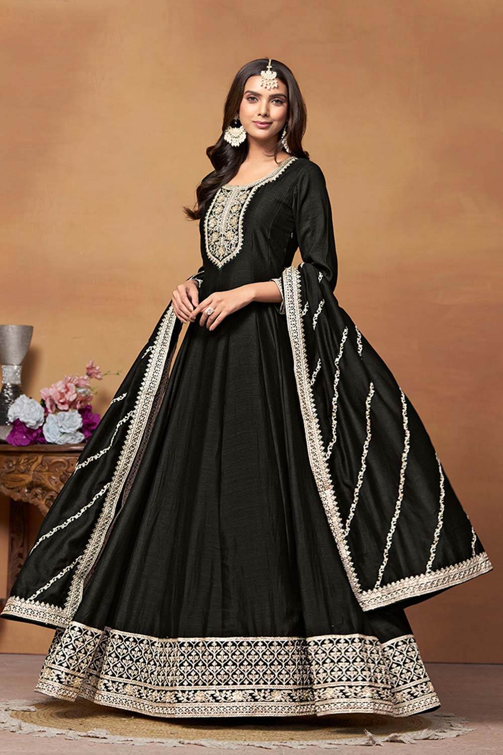 Black Art Silk Embroidered U Neck Ethnic Suit