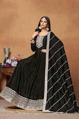 Black Art Silk Embroidered U Neck Ethnic Suit