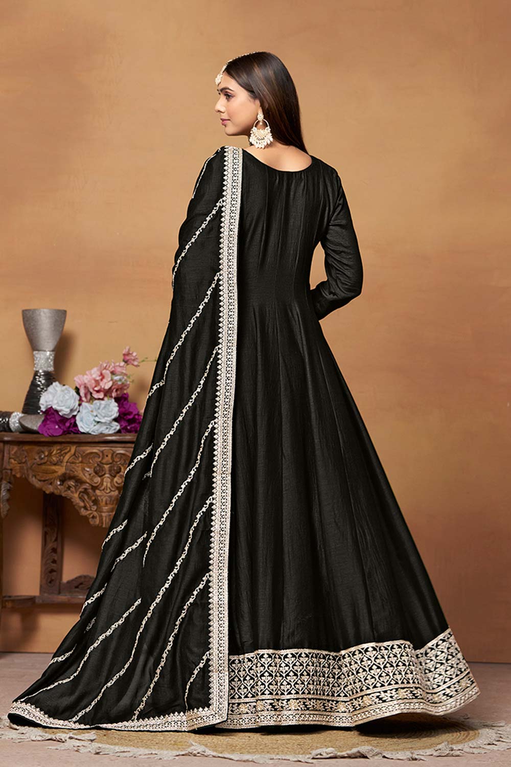 Black Art Silk Embroidered U Neck Ethnic Suit