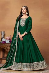 Green Art Silk Embroidered U Neck Ethnic Suit