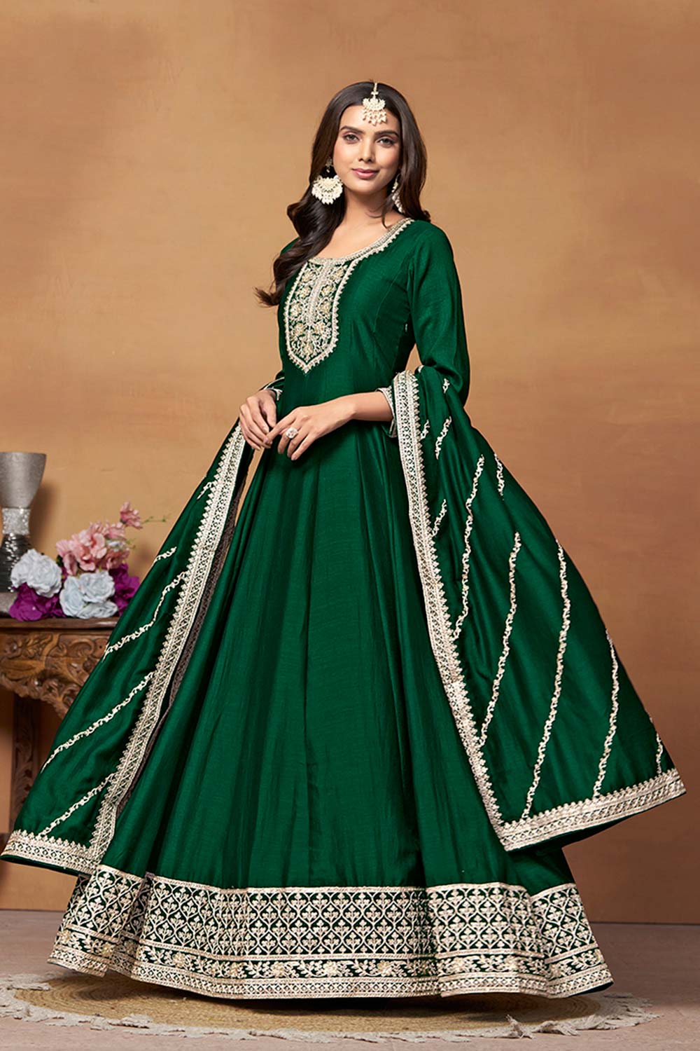 Green Art Silk Embroidered U Neck Ethnic Suit