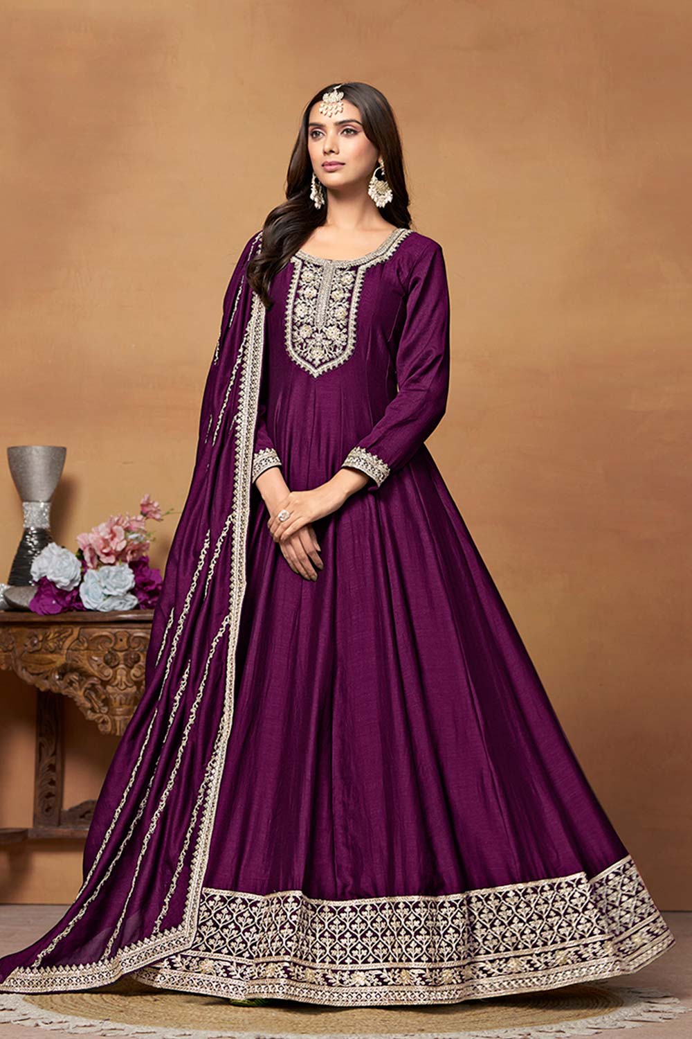 Purple Art Silk Embroidered U Neck Ethnic Suit