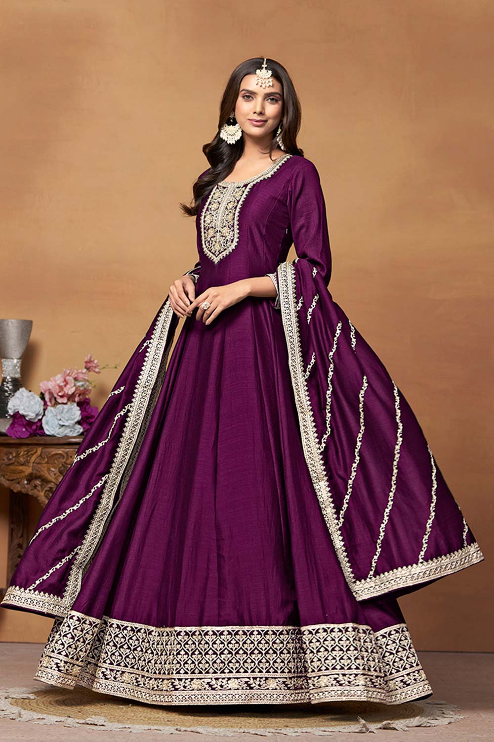 Purple Art Silk Embroidered U Neck Ethnic Suit