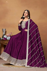 Purple Art Silk Embroidered U Neck Ethnic Suit