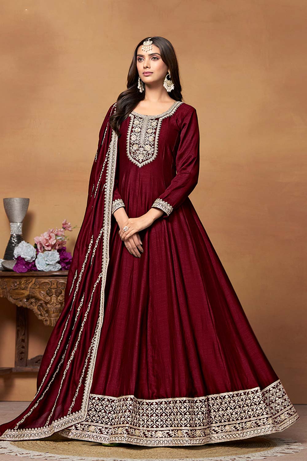 Wine Art Silk Embroidered U Neck Ethnic Suit