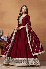 Wine Art Silk Embroidered U Neck Ethnic Suit