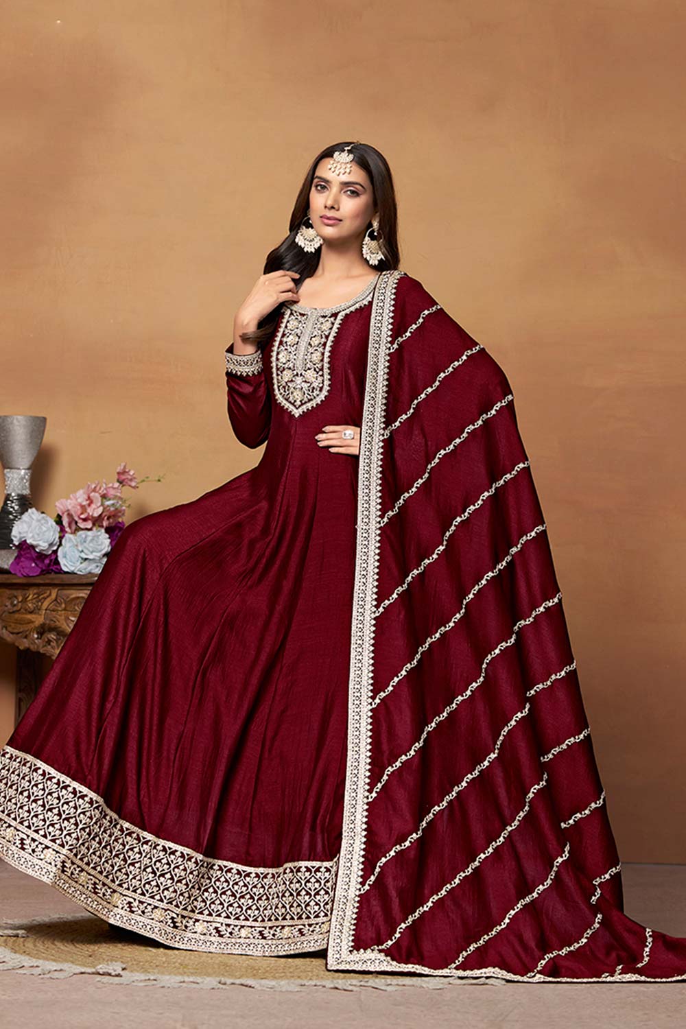 Wine Art Silk Embroidered U Neck Ethnic Suit