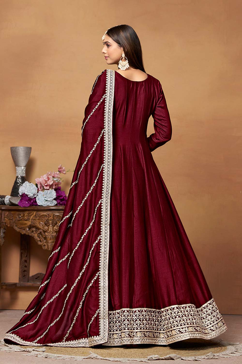 Wine Art Silk Embroidered U Neck Ethnic Suit