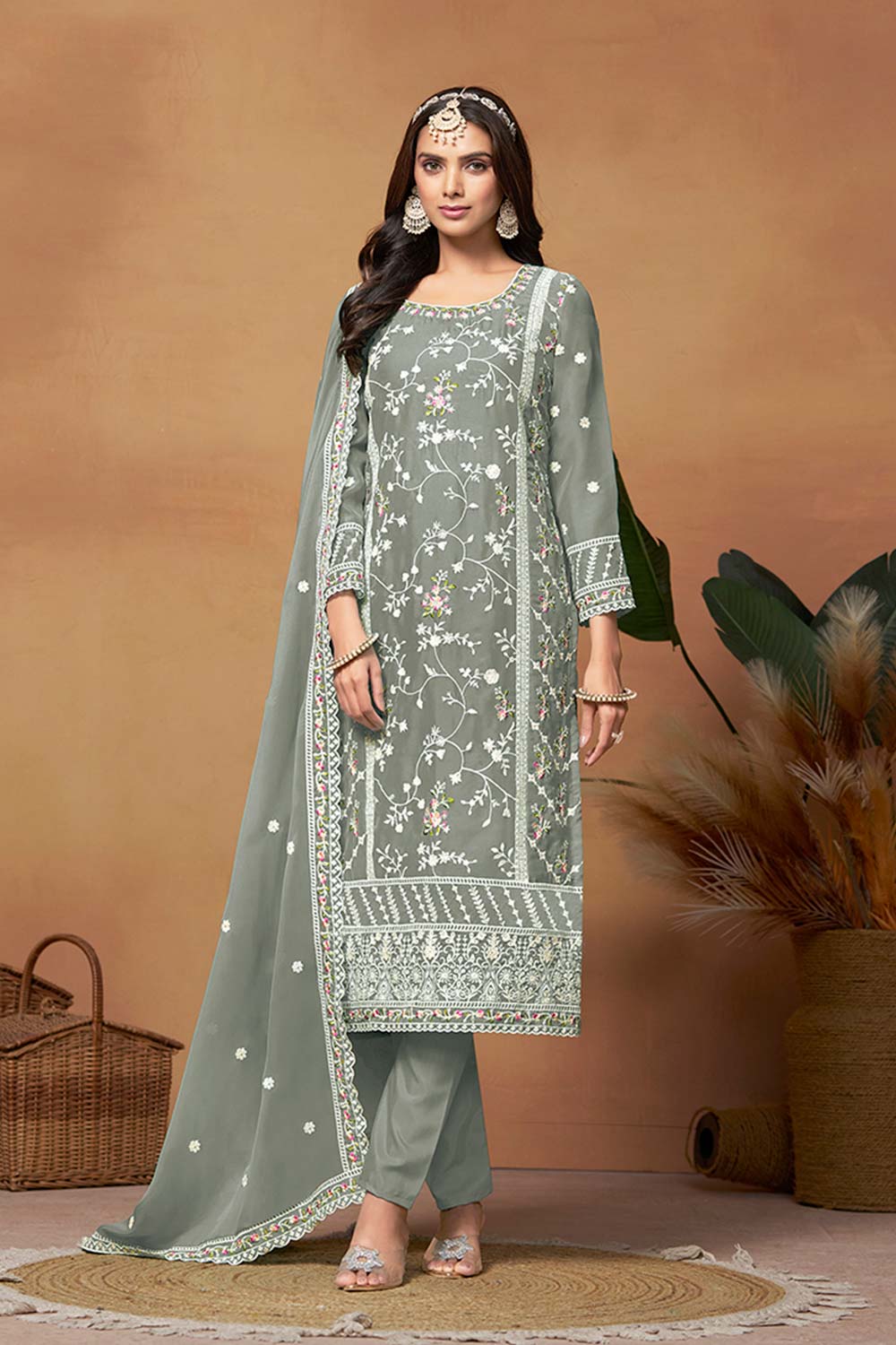 Slate-Grey Organza Embroidered U Neck Salwar Suit Set