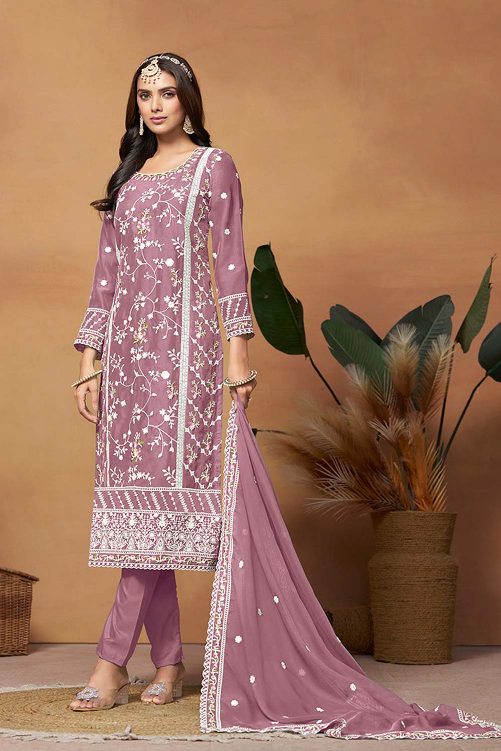 Mauve Organza Embroidered U Neck Salwar Suit Set