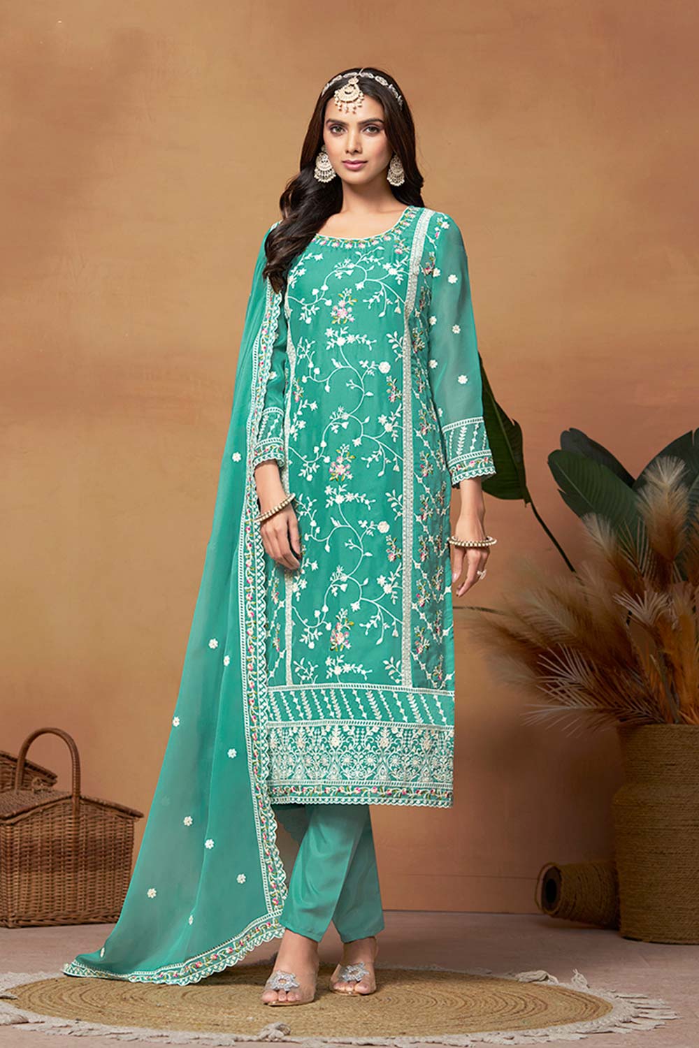 Sea-Green Organza Embroidered U Neck Salwar Suit Set