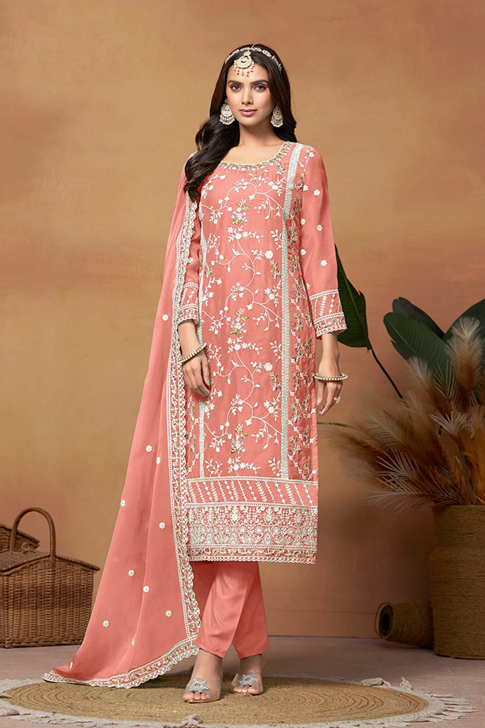 Peach Organza Embroidered U Neck Salwar Suit Set