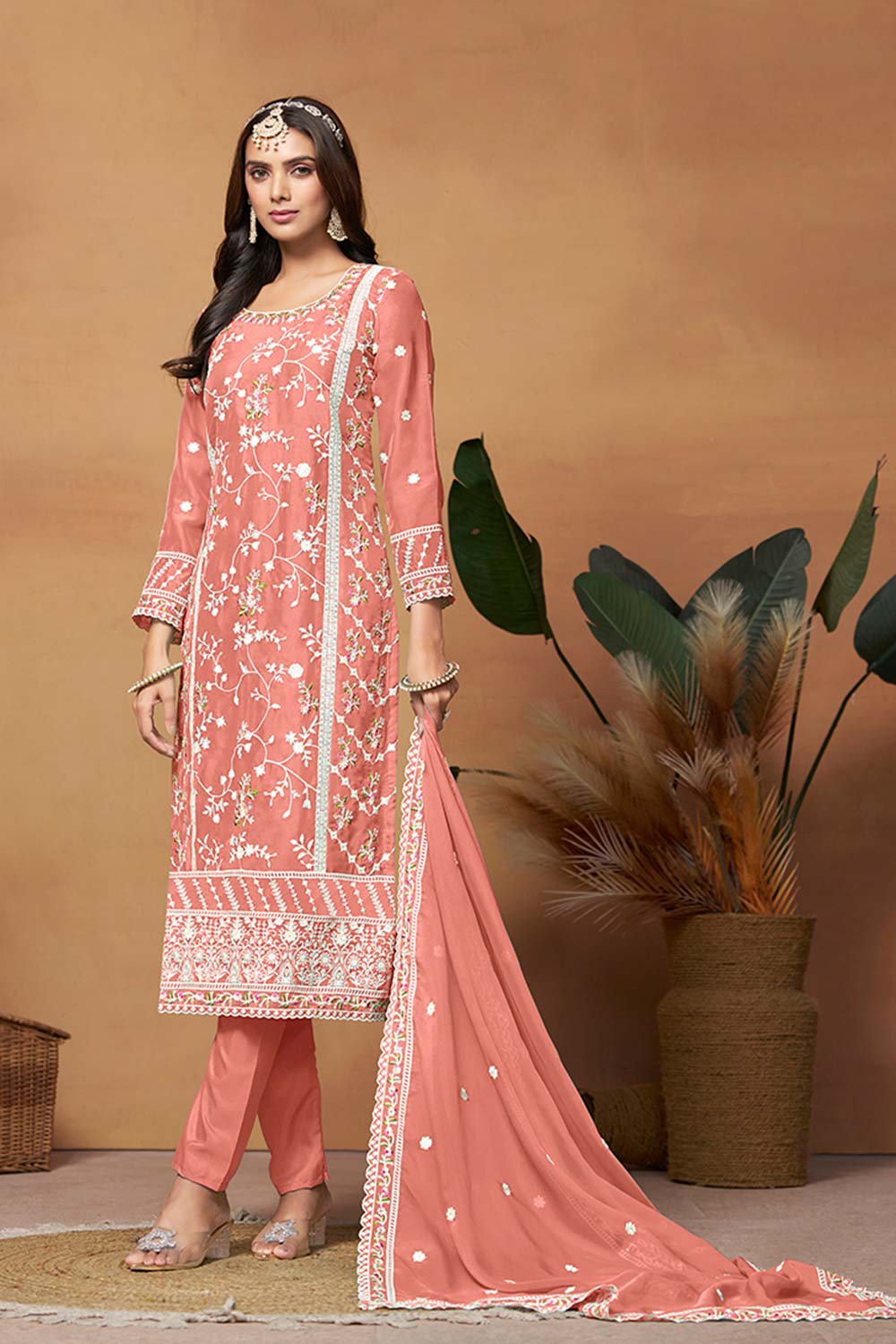 Peach Organza Embroidered U Neck Salwar Suit Set